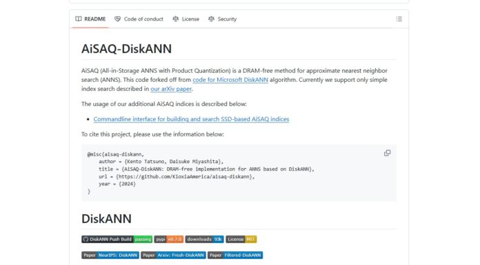 Kioxia AiSAQ SSD-backed RAG Open Sourced Kioxia AiSAQ Github