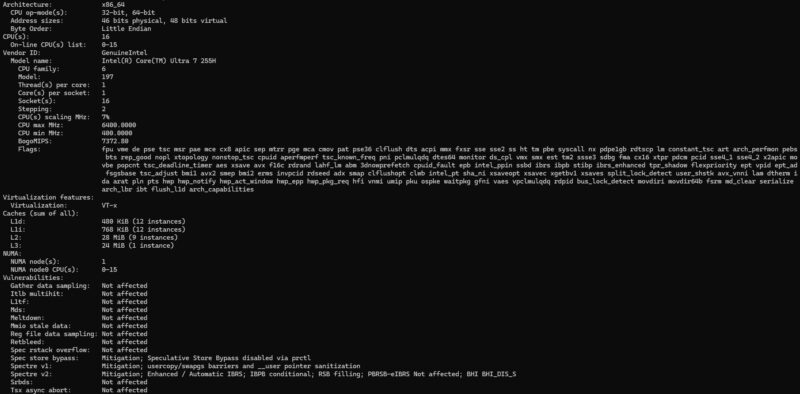 Intel Core Ultra 7 255H Lscpu Output