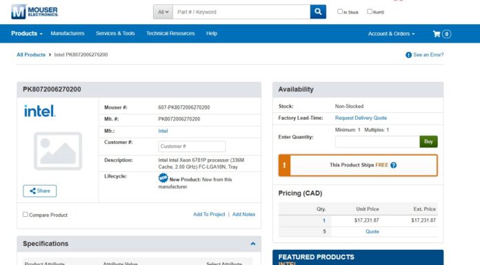 Intel Xeon 6700P Granite Rapids-SP Breaks Cover Almost Everywhere Intel Xeon 6781P 336M 2GHz On Mouser 2025 02 19