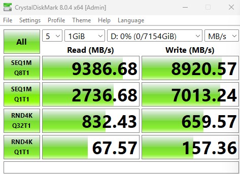 Solidigm D7 PS1010 CrystalDiskMark 1GB