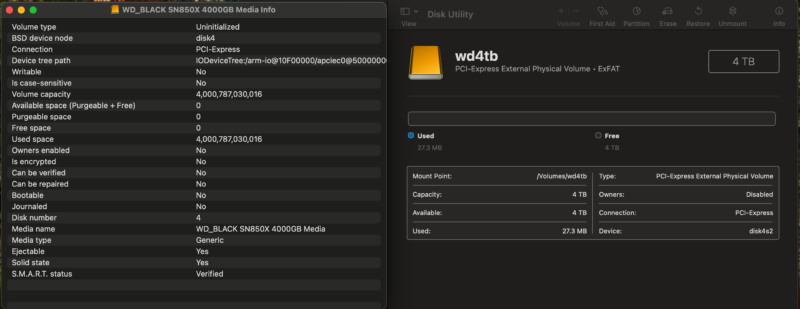 Beelink Mate Mini Single WD SN850X Installed Disk Info