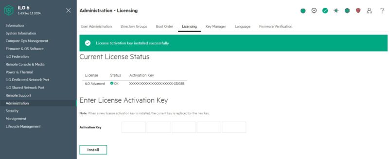 HPE ILO 6 Advanced License Activated