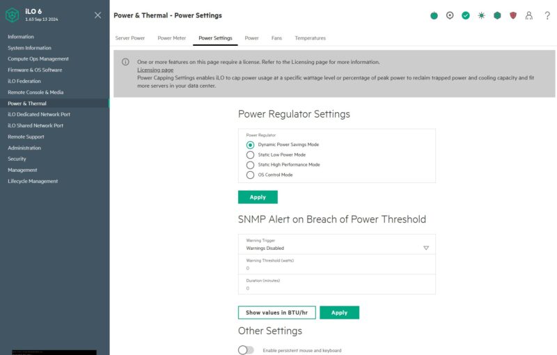 HPE ILO 6 Essentials Power And Thermal Power Settings Requires License