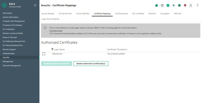 HPE ILO 6 Essentials Security Certificate Mappings Requires License