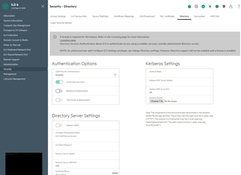 HPE ILO 6 Essentials Security Directory Requires License
