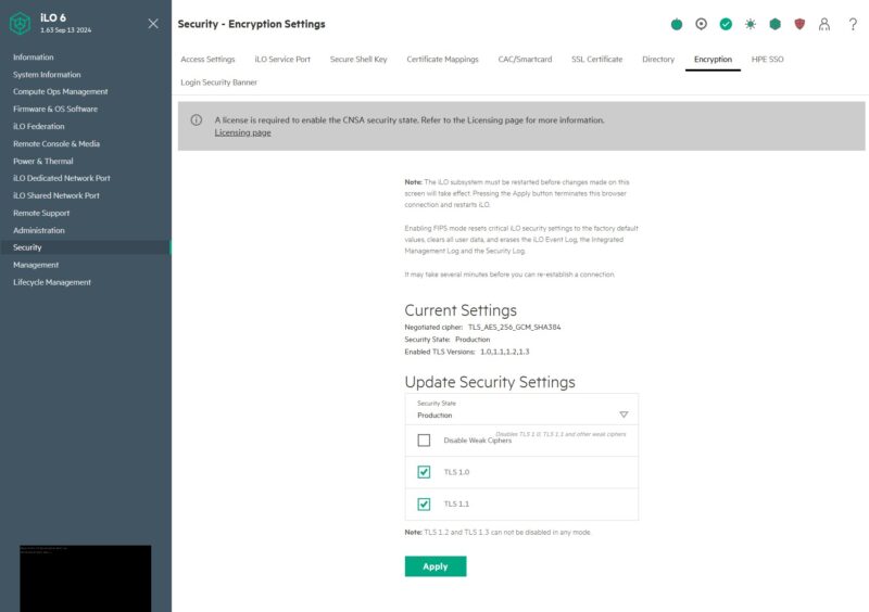 HPE ILO 6 Essentials Security Encryption Requires License