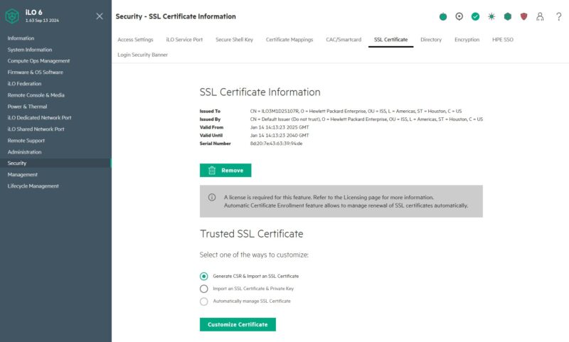 HPE ILO 6 Essentials Security SSL Certificate Requires License