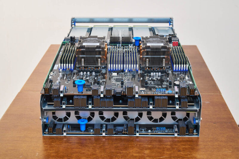 ASUS ESC A8A E12U PCIe Tray Overview With Motherboard On Top Populated