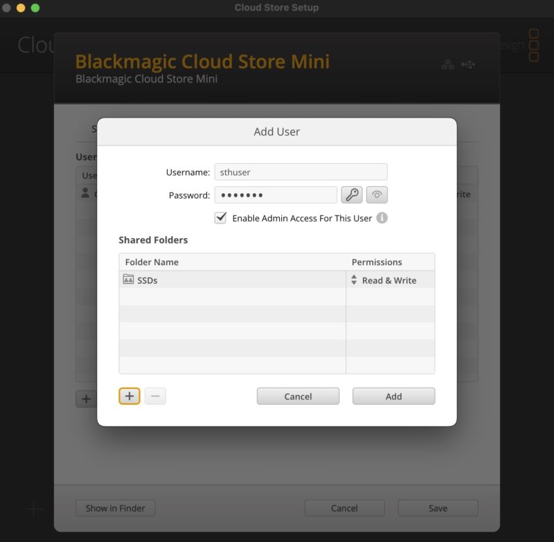 Blackmagic Cloud Store Setup Blackmagic Cloud Store Mini 8TB Add User