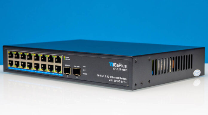 GigaPlus GP-S25-1602 Review A Cheap 16-port 2.5GbE and 2-port 10G Switch GiGaPlus GP S25 1602 16 Port 2.5G Ethernet Switch With 2x10G SFP+ Front Angled 1