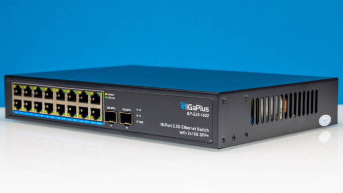 GiGaPlus GP S25 1602 16 Port 2.5G Ethernet Switch With 2x10G SFP+ Front Angled 1