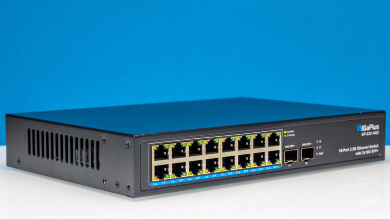 GiGaPlus GP S25 1602 16 Port 2.5G Ethernet Switch With 2x10G SFP+ Front Angled 2