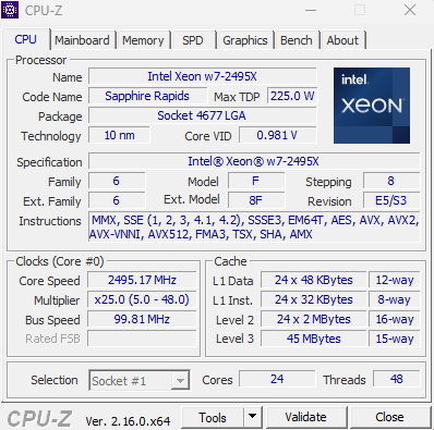 Intel Xeon W7 2495X CPU Z