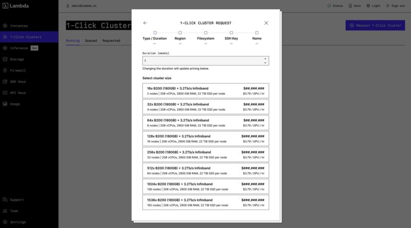 Lambda 1 Click Clusters Request Cluster Sizes