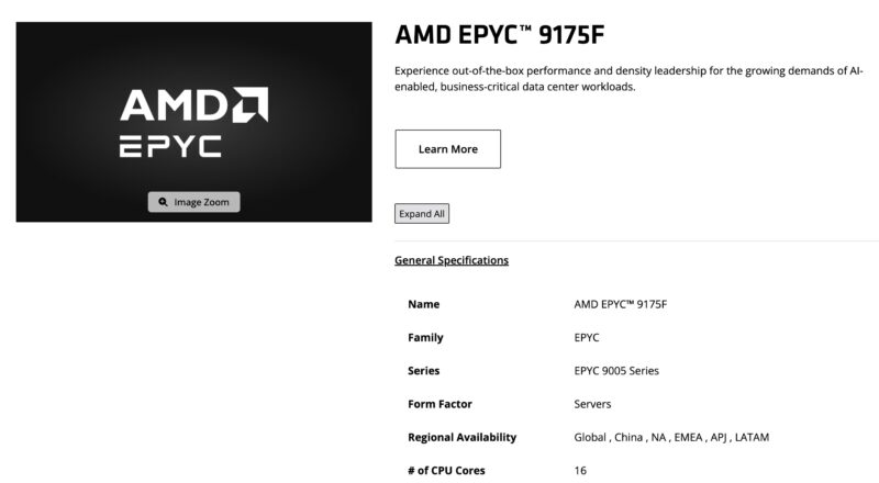 AMD EPYC 9175F 16 Core 512MB CPU Product Page