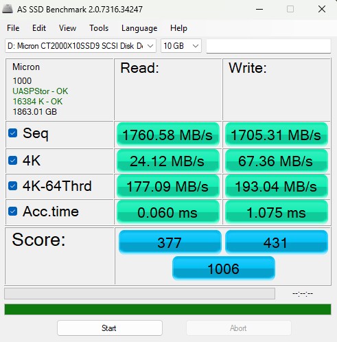 Crucial X10 AS SSD Benchmark 10GB