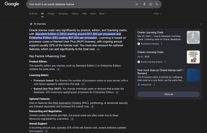 How Much Does An Oracle Database License Cost September 2025 Google AI Snippet