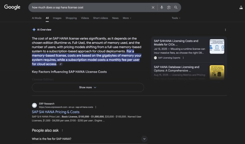 How Much Does A SAP HANA License Cost September 2025 Google AI Snippet