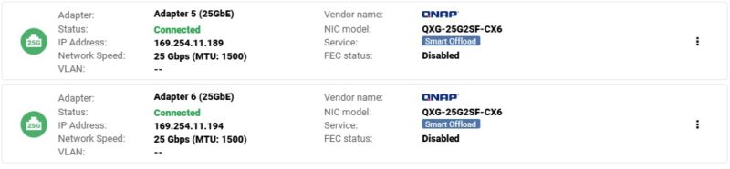 QNAP QXG 25G2SF CX6 In QNAP Network Manager Connected 25G