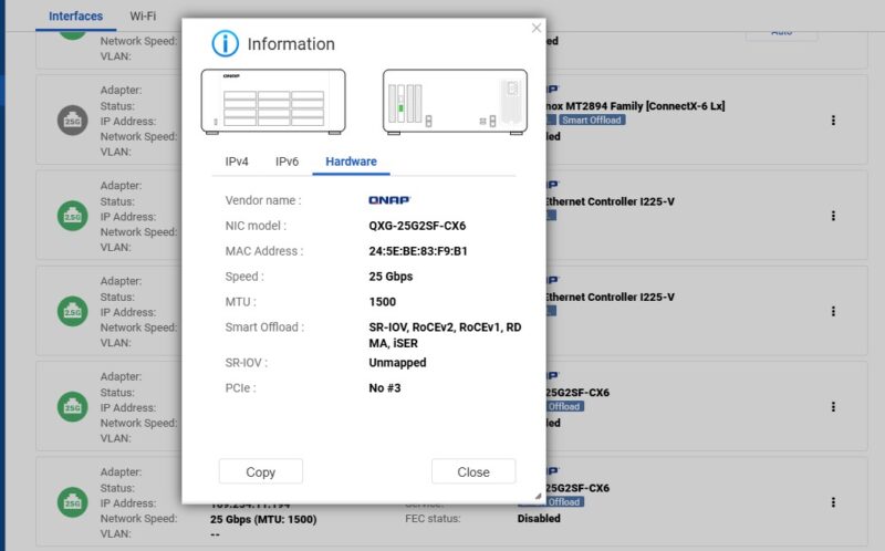 QNAP QXG 25G2SF CX6 In QNAP Network Manager Hardware Info Connected 25G