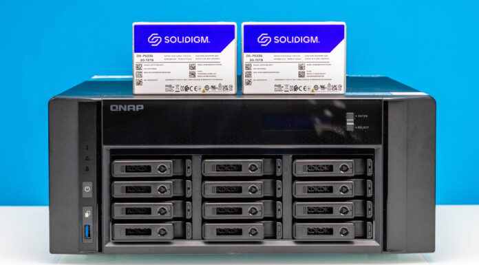 Building New STH Studio Storage NAS QNAP TS H1290FX Front With Solidigm Drive 1