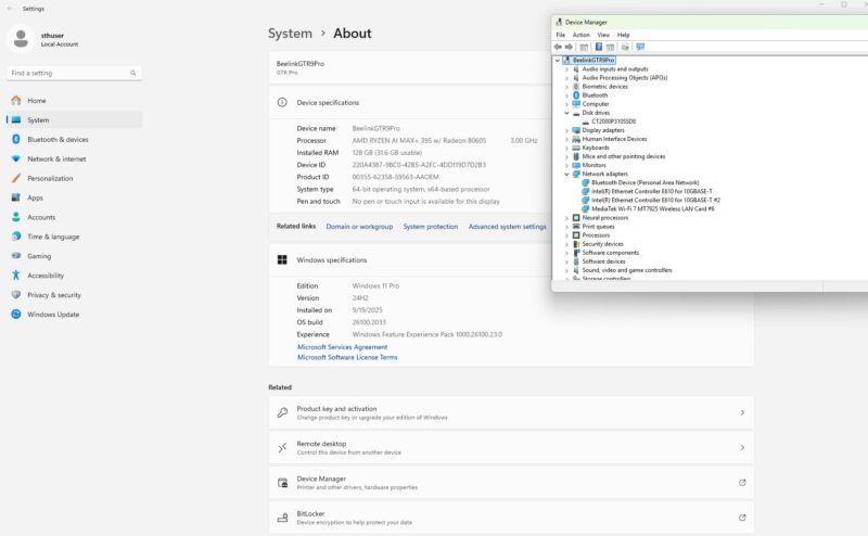 Beelink GTR9 Pro AMD Ryzen AI MAX 395 Device Manager With Intel E610
