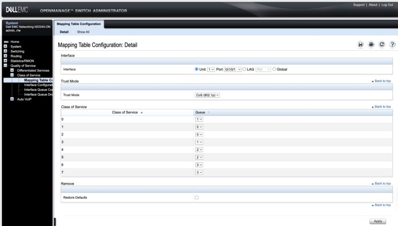 Dell N2224X ON OpenManage Switch Administrator QoS Mapping Table