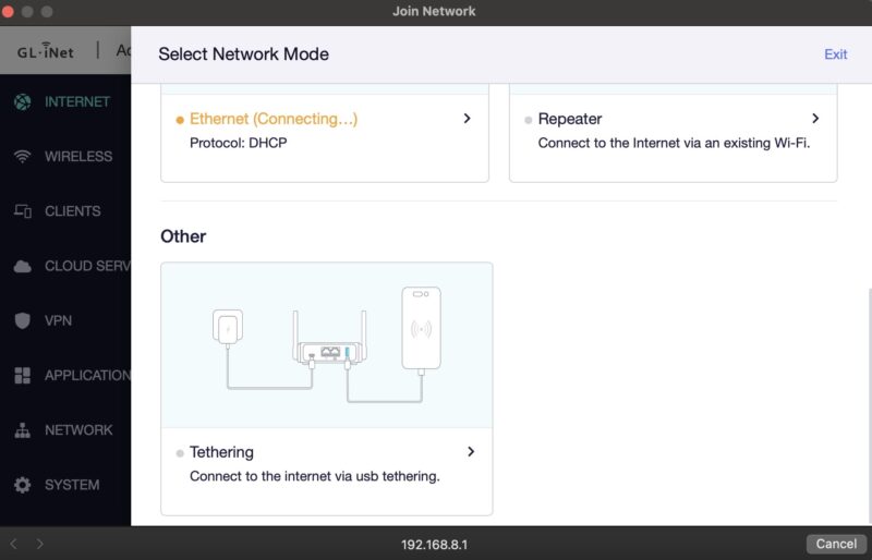 GL INet Setup 3 Tethering Mode