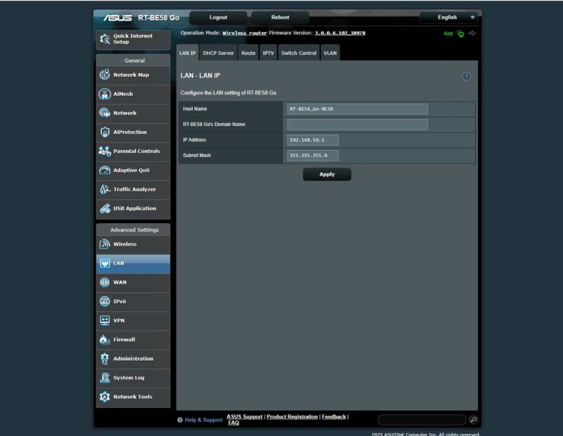 ASUS RT BE58 Go Admin LAN Settings