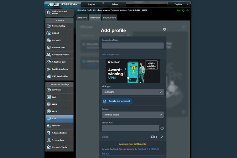 ASUS RT BE58 Go Admin VPN Fusion