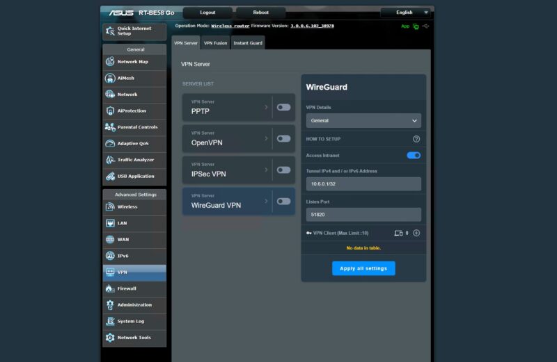 ASUS RT BE58 Go Admin VPN Settings WireGuard
