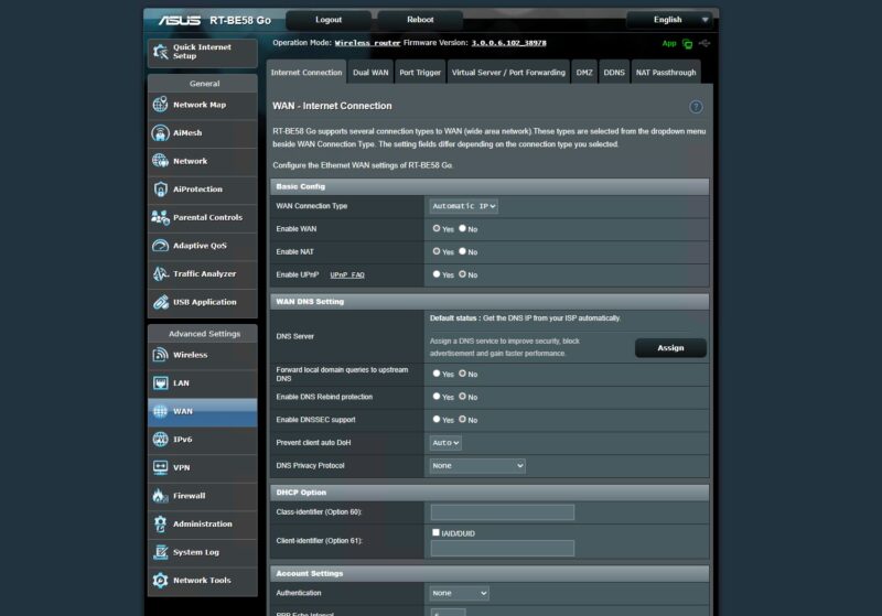 ASUS RT BE58 Go Admin WAN Settings