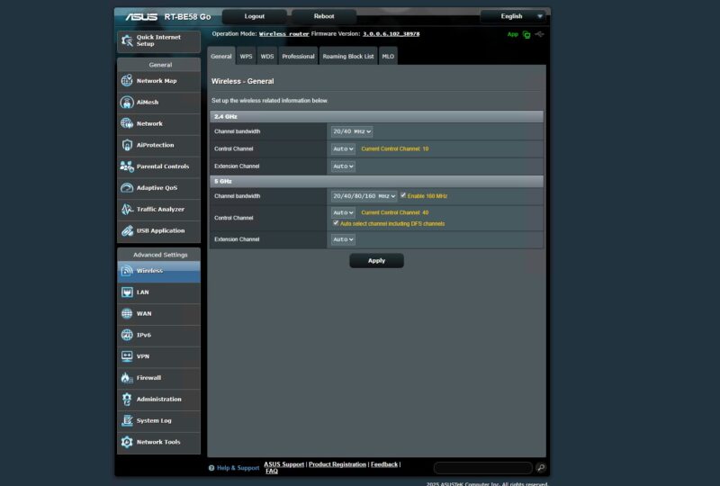 ASUS RT BE58 Go Admin Wireless Settings