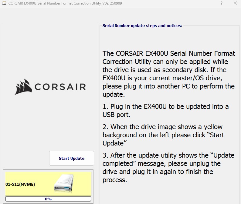 Corsair EX400U 4TB Serial Number Update Utility