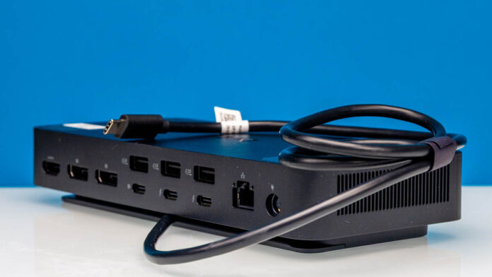 Dell Pro Thunderbolt 5 Smart Dock Rear Angled 2 Dell Pro Thunderbolt 5 Smart Dock Rear Angled 2