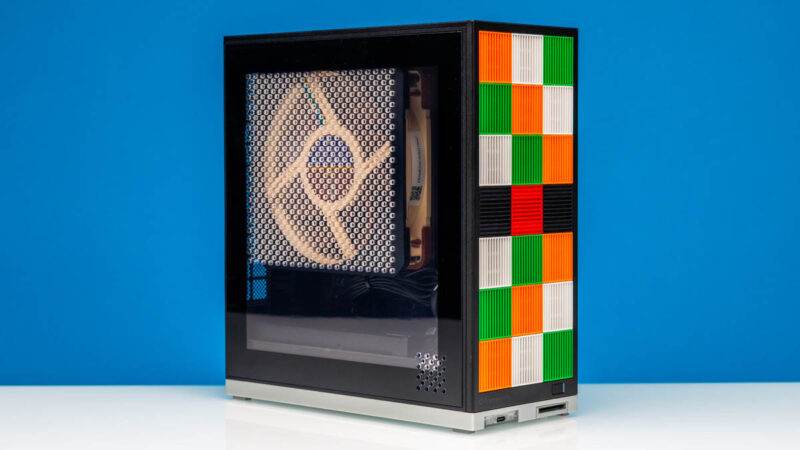 Framework Desktop AMD Ryzen AI Max + 395 128GB Front Angled With Tile Pack 2