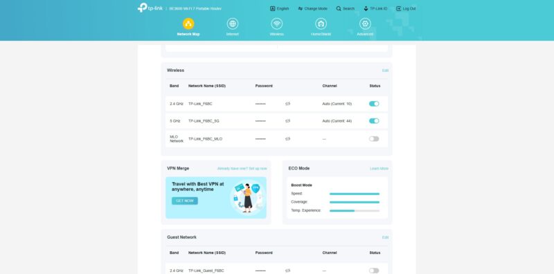 TP Link BE3600 Wi Fi 7 Portable Router Dashboard MLO Not Enabled
