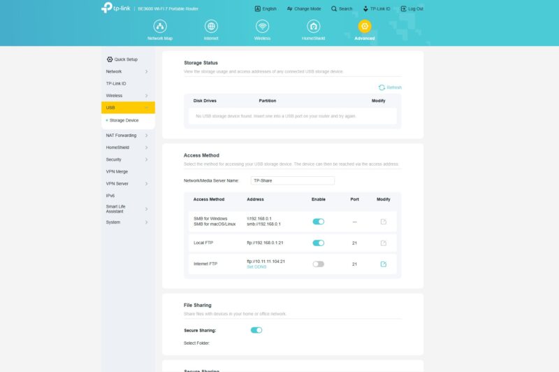TP Link BE3600 Wi Fi 7 Portable Router File Sharing