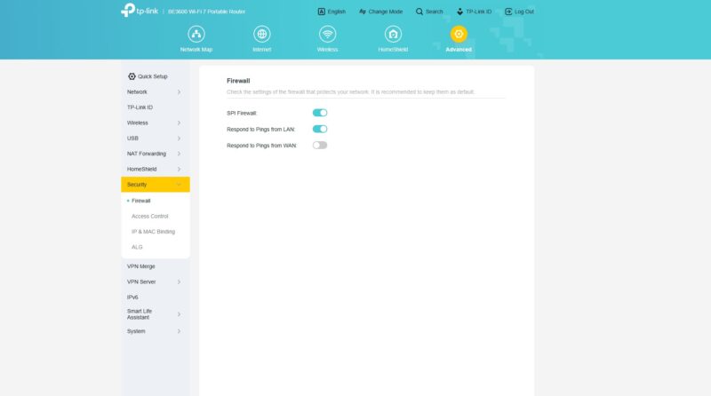 TP Link BE3600 Wi Fi 7 Portable Router Firewall Default