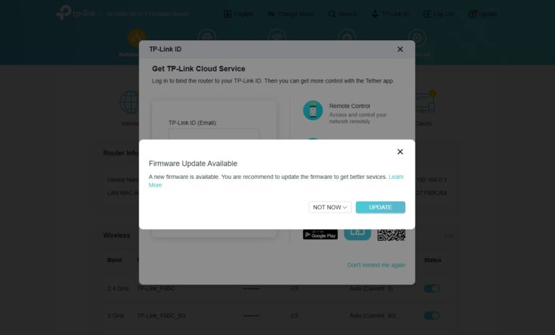 TP Link BE3600 Wi Fi 7 Portable Router Post Setup Firmware And Login To Tether Again
