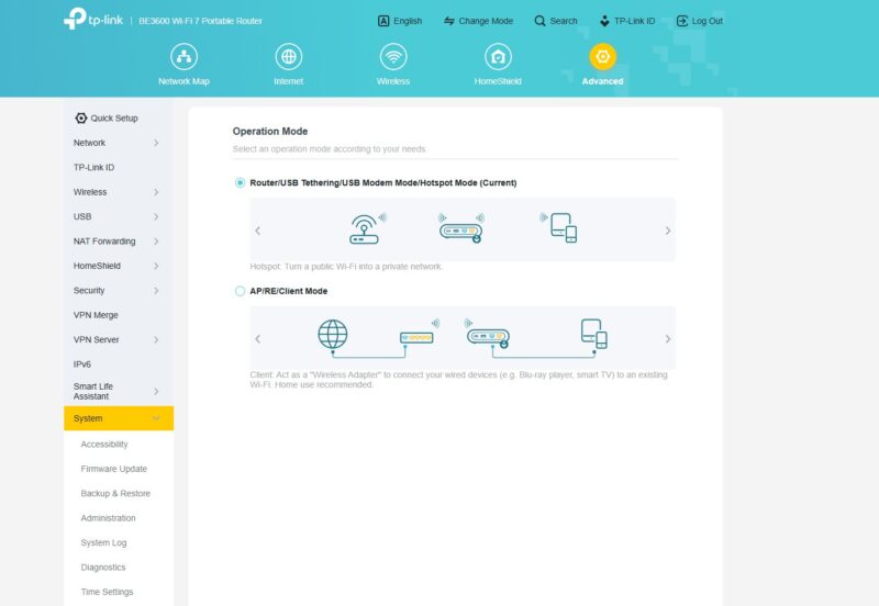 TP Link BE3600 Wi Fi 7 Portable Router Setup Change Modes
