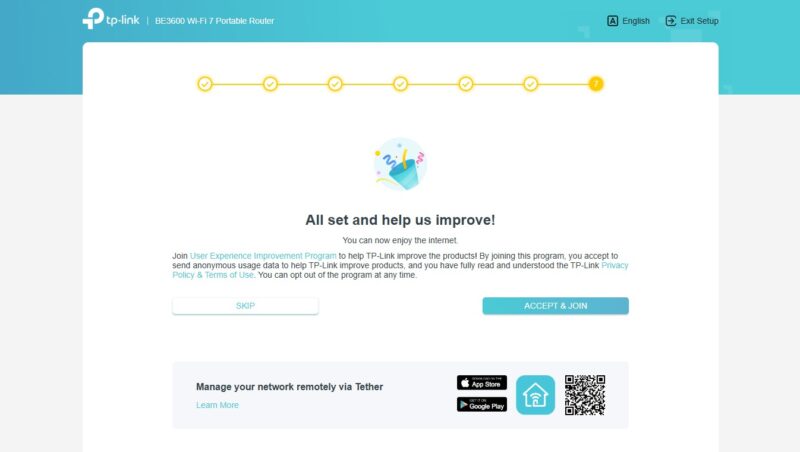 TP Link BE3600 Wi Fi 7 Portable Router Setup Opt Into User Experiences