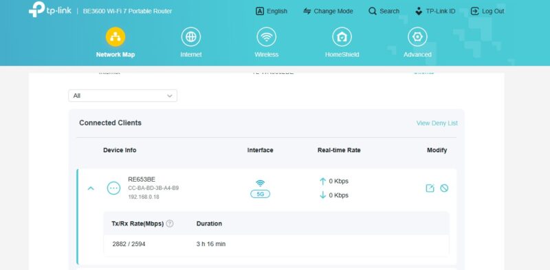 TP Link BE3600 Wi Fi 7 Portable Router WiFi Tx RX Rate Mbps