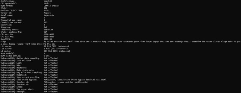 Ampere AmpereOne A192 32X Lscpu Output