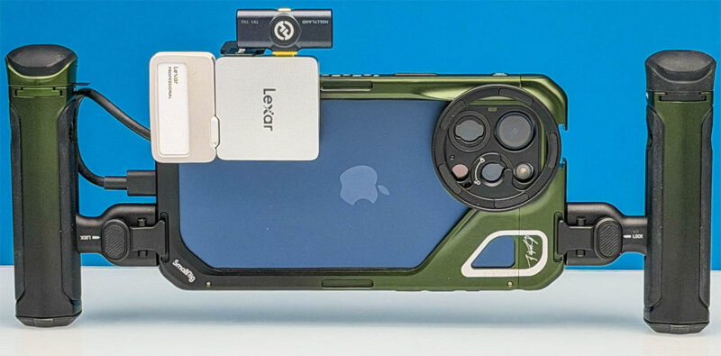 Apple IPhone 15 Pro Max With Small Rig Cage Hollyland Mic And Lexar SSD