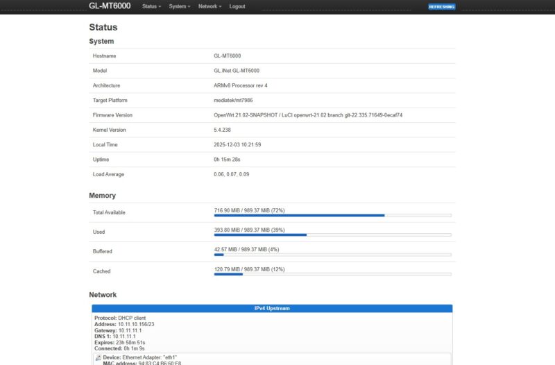 GL.iNet Flint 2 OpenWRT LuCI Interface Dashboard