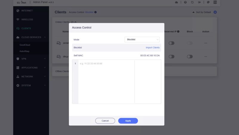 GL.iNet Flint 2 Web UI Access Control Blocklist