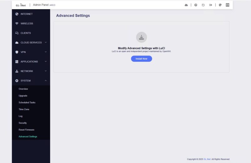 GL.iNet Flint 2 Web UI Advanced Settings LuCI