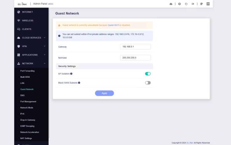 GL.iNet Flint 2 Web UI Guest Network