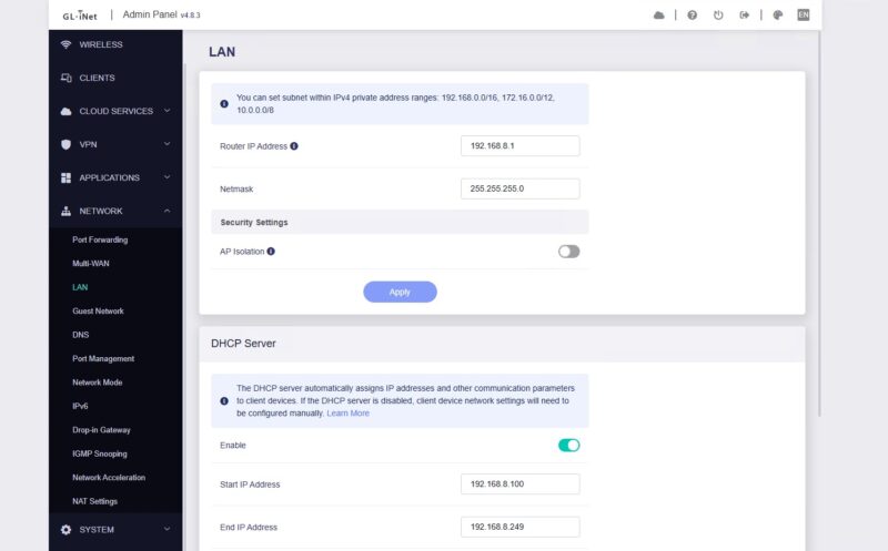 GL.iNet Flint 2 Web UI LAN